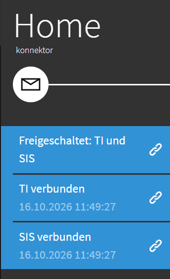 Startseite der Konnektor-Oberflaeche nach der Korrektur: Freigeschaltet TI und SIS, TI verbunden und SIS verbunden, Zeitstempel 16.10.2026 11:49 Uhr